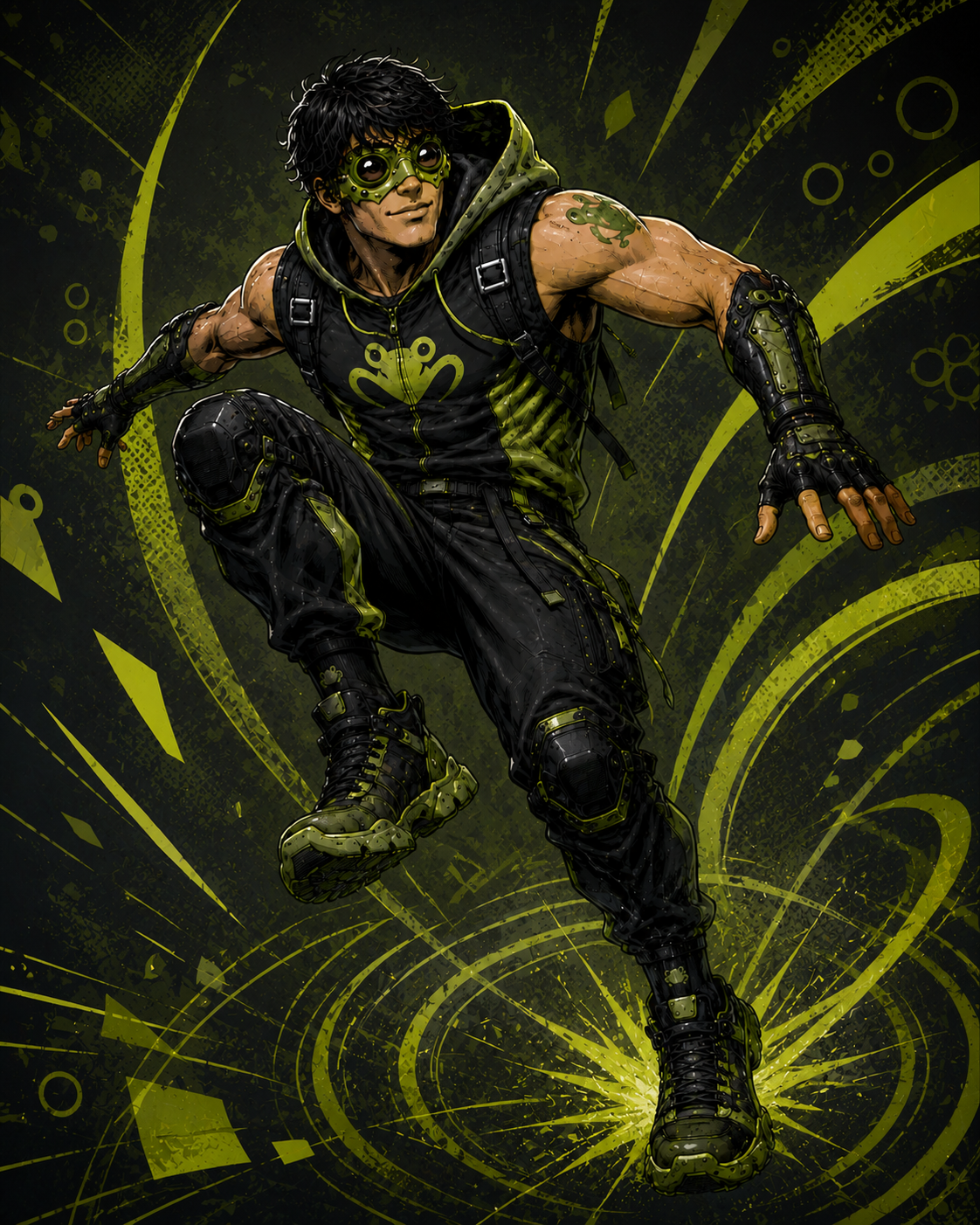 Ribbit leaping across a rooftop in a green and black suit above the city at night.