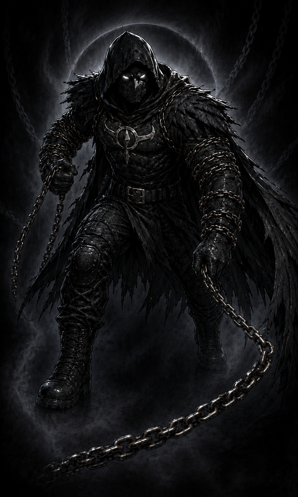 Ghost crouched in a rain-slick alley, hooded and cloaked, a heavy chain in each hand.