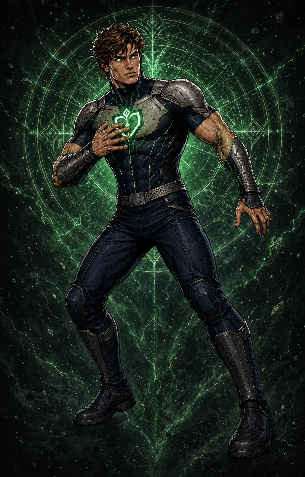 Eon on a rain-soaked rooftop, hand over a glowing green emblem on his chest.